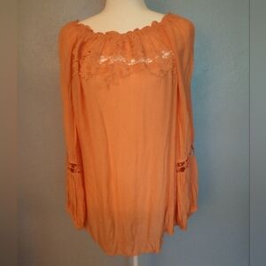 Melissa Paige Coral Orange Flower Lace Detail Long Sleeve Top